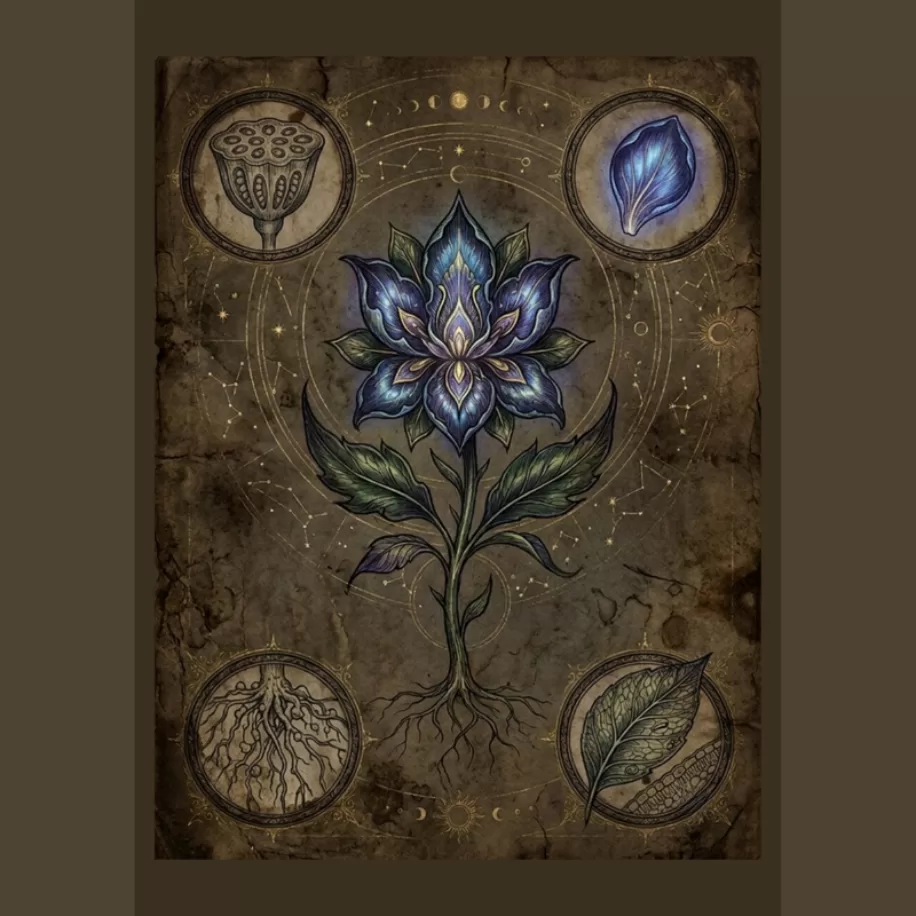 Antik Bilim & Botanik Arşivi: Göksel Astronomi ve Mavi Lotus Dijital İndirilebilir A4 Poster 